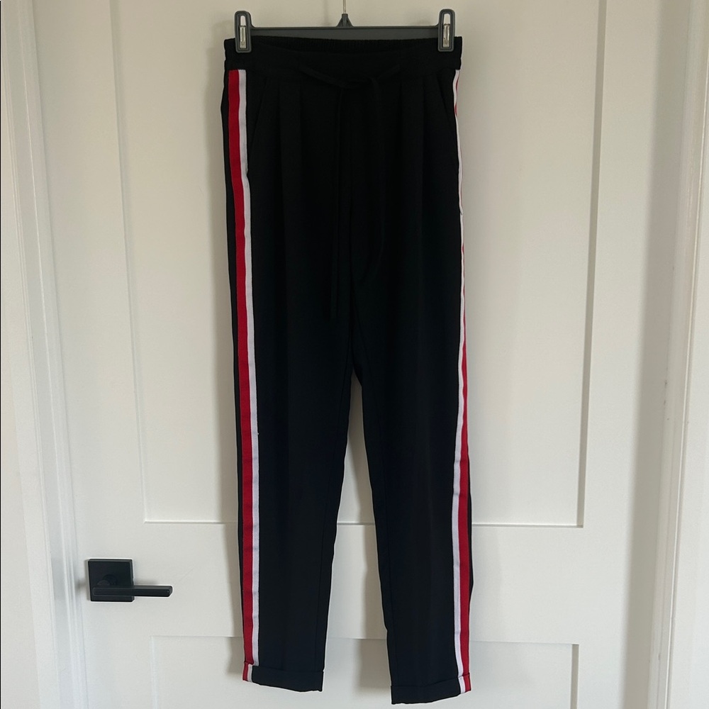 Super Cute Black Track Pants With Red and White Stripes. Narrow Leg and Ankle